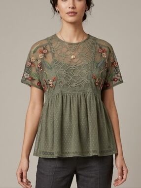 Zara Olive Green Lace Sheer Blouse Floral Embroidery Size XS Baby Doll Mesh Y2k